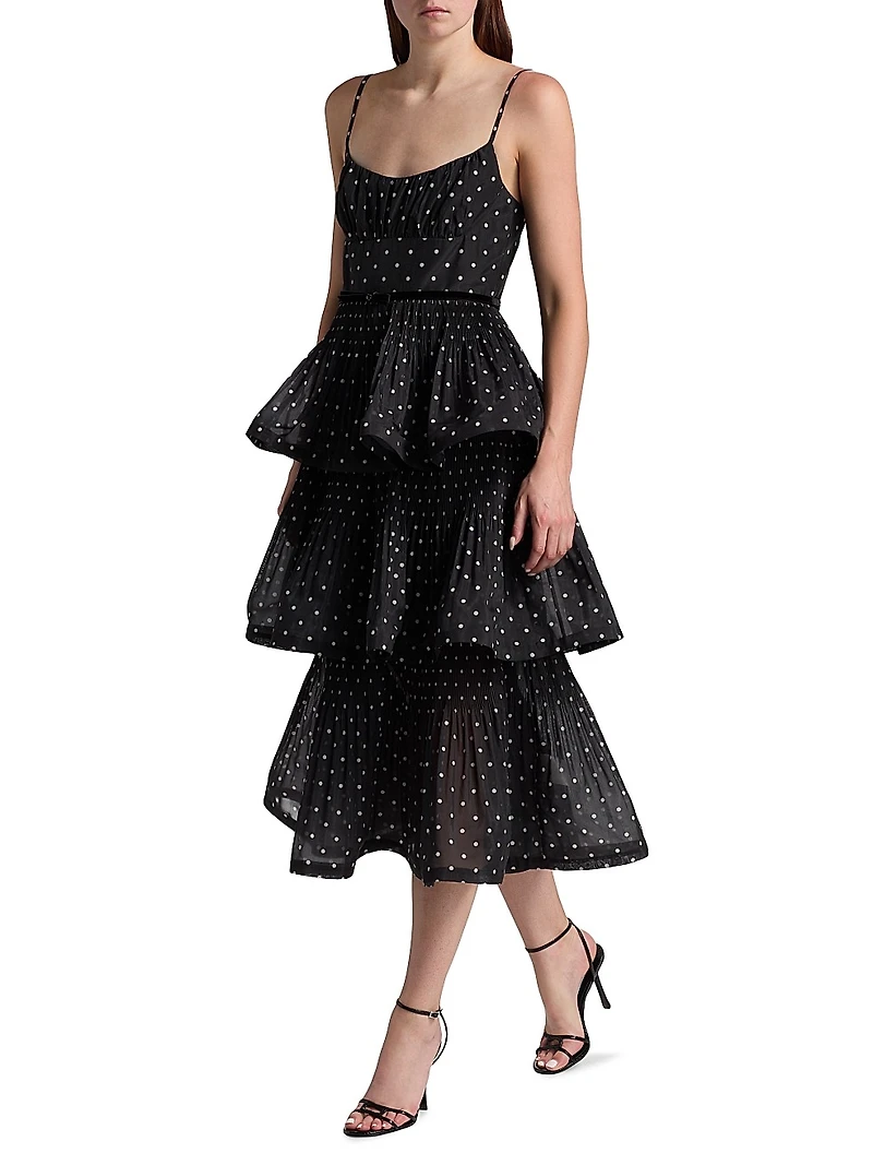 Polka Dot Pleated Tiered Midi-Dress