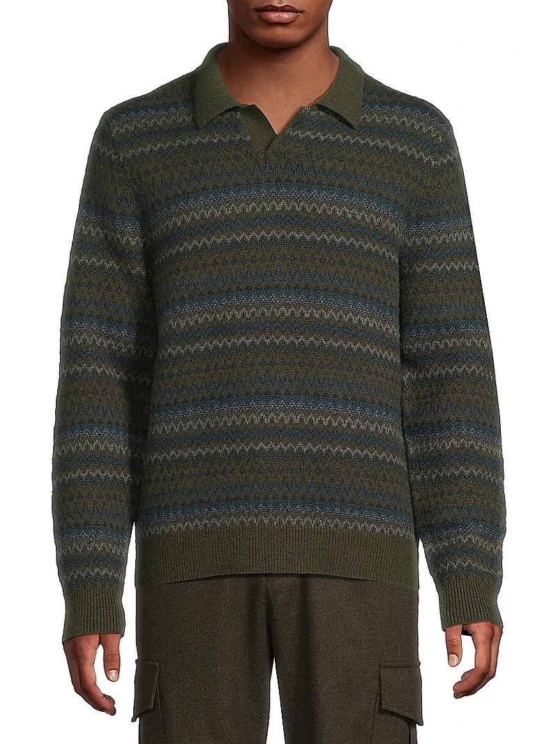 Fair Isle-Inspired Johnny Collar Wool-Cashmere Sweater