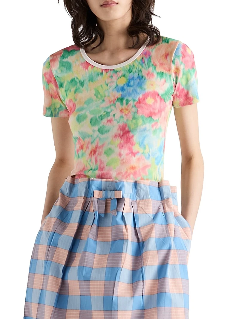 Printed Ribbed Knit Cotton T-Shirt