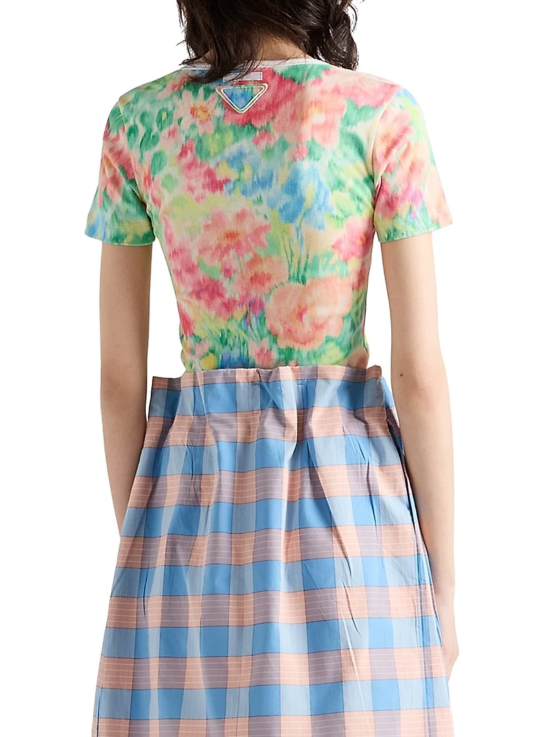 Printed Ribbed Knit Cotton T-Shirt