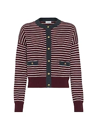 Virgin Wool Cashmere and Silk Striped Cardigan with Contrast Trims