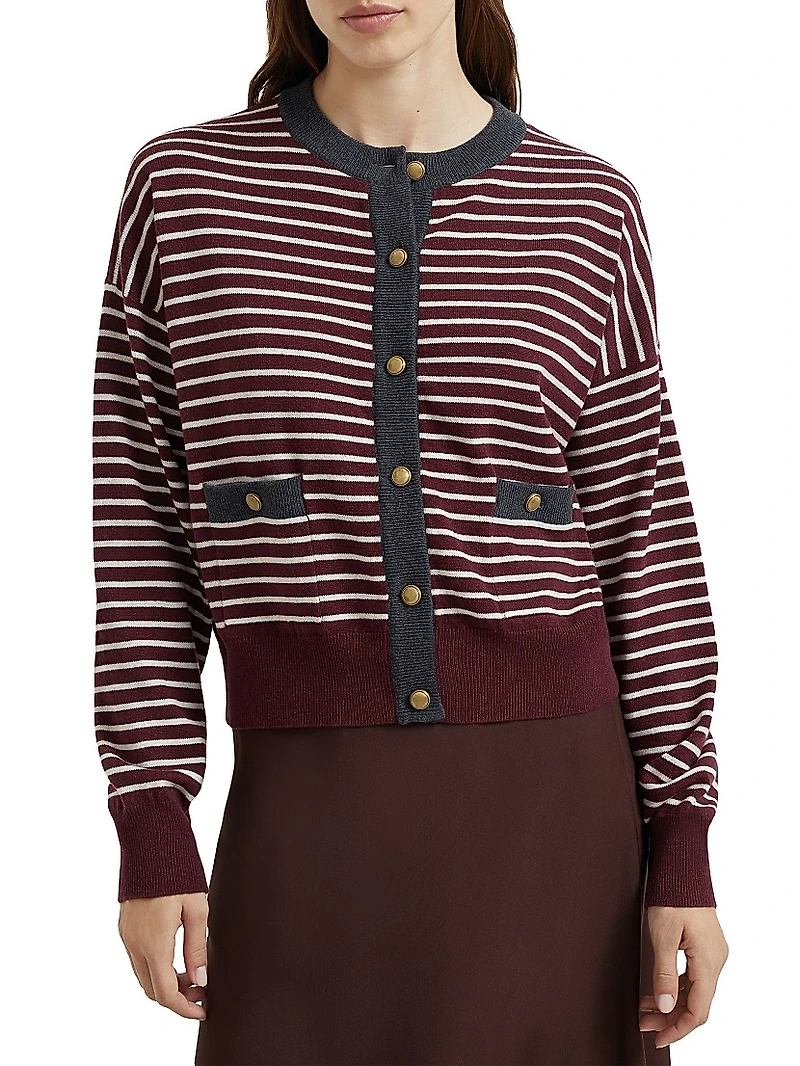 Virgin Wool Cashmere and Silk Striped Cardigan with Contrast Trims