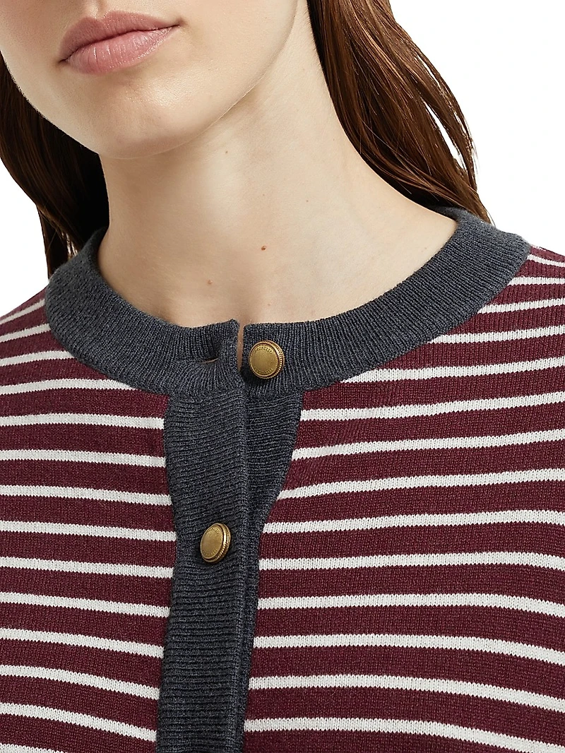 Virgin Wool Cashmere and Silk Striped Cardigan with Contrast Trims