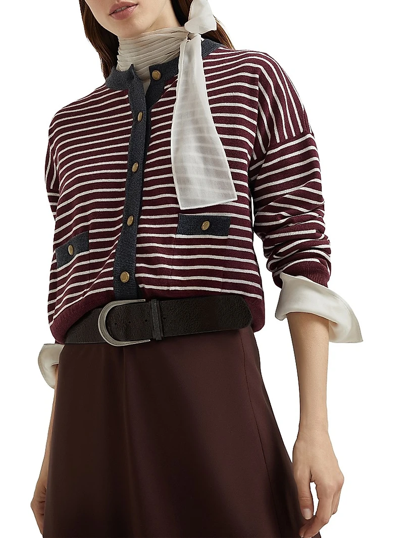Virgin Wool Cashmere and Silk Striped Cardigan with Contrast Trims