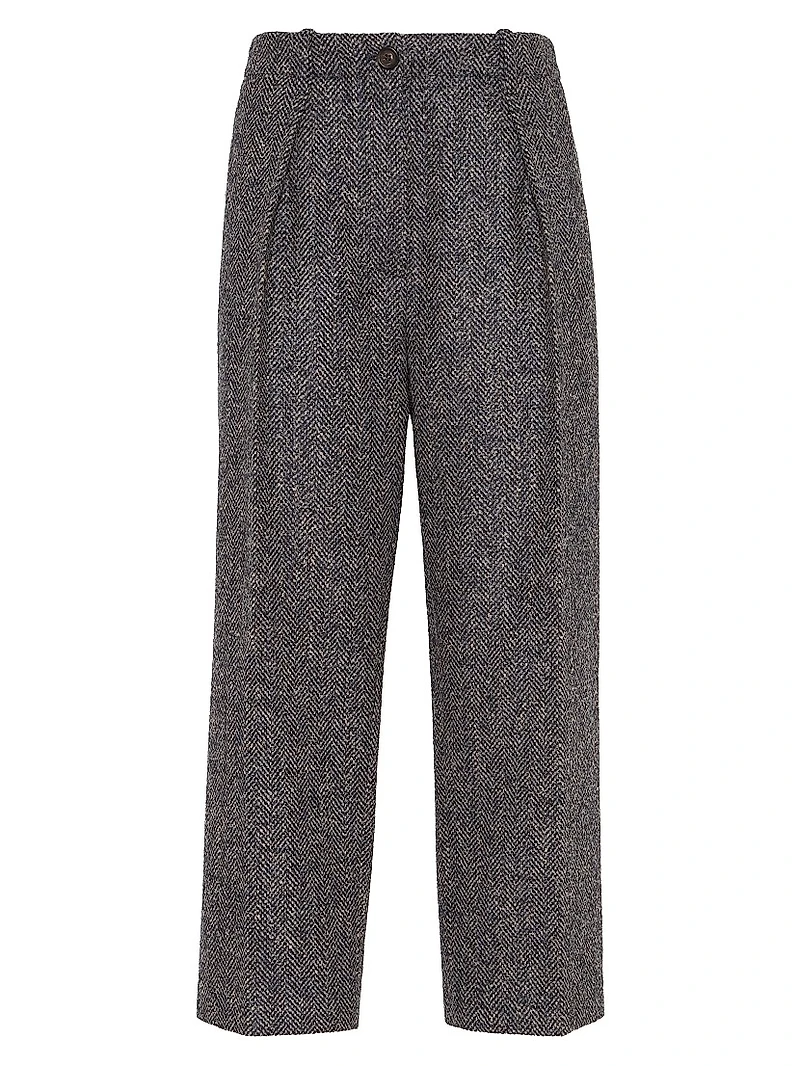 Virgin Wool Herringbone Tweed Pleated Trousers