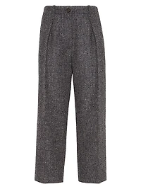 Virgin Wool Herringbone Tweed Pleated Trousers