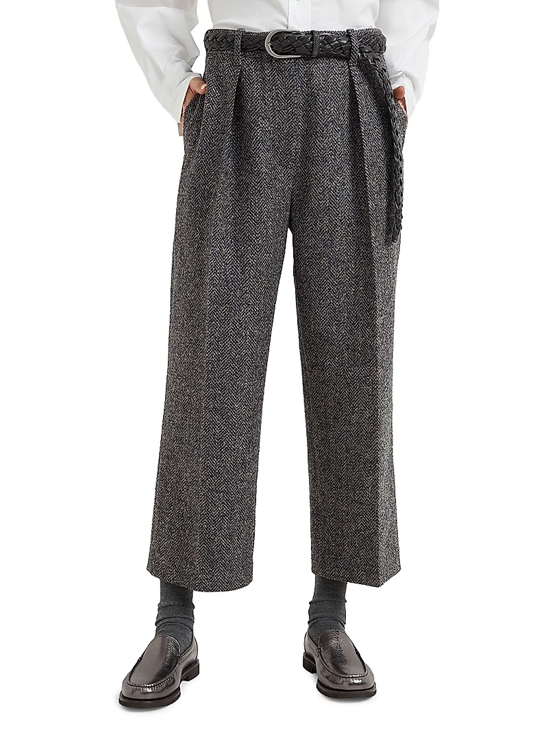 Virgin Wool Herringbone Tweed Pleated Trousers