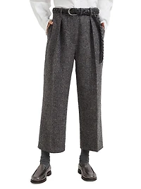 Virgin Wool Herringbone Tweed Pleated Trousers