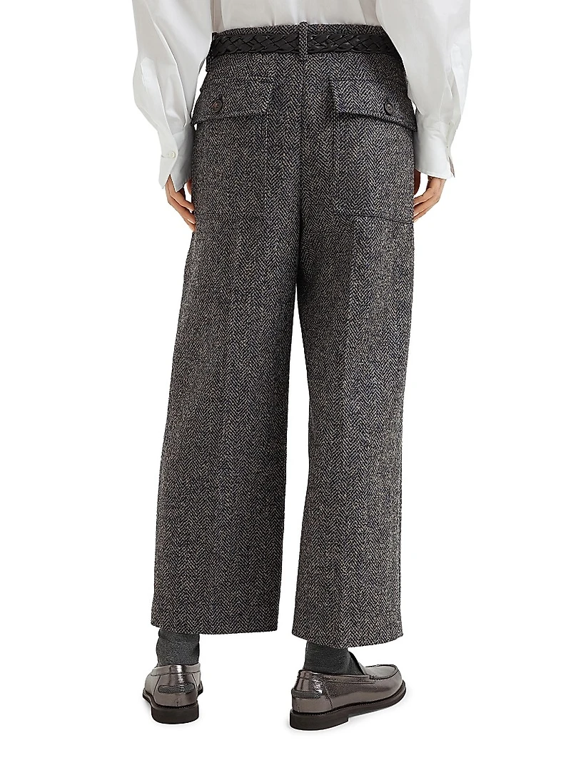 Virgin Wool Herringbone Tweed Pleated Trousers