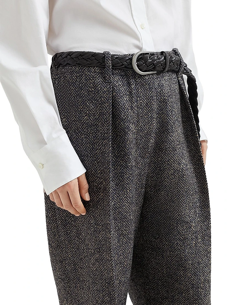 Virgin Wool Herringbone Tweed Pleated Trousers