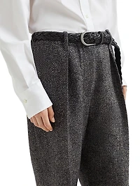 Virgin Wool Herringbone Tweed Pleated Trousers