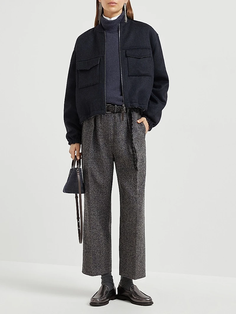 Virgin Wool Herringbone Tweed Pleated Trousers