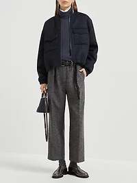 Virgin Wool Herringbone Tweed Pleated Trousers