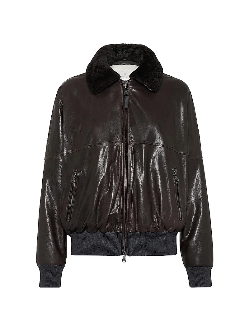 Nappa Leather Aviator Bomber with Detachable Shearling Collar Monili