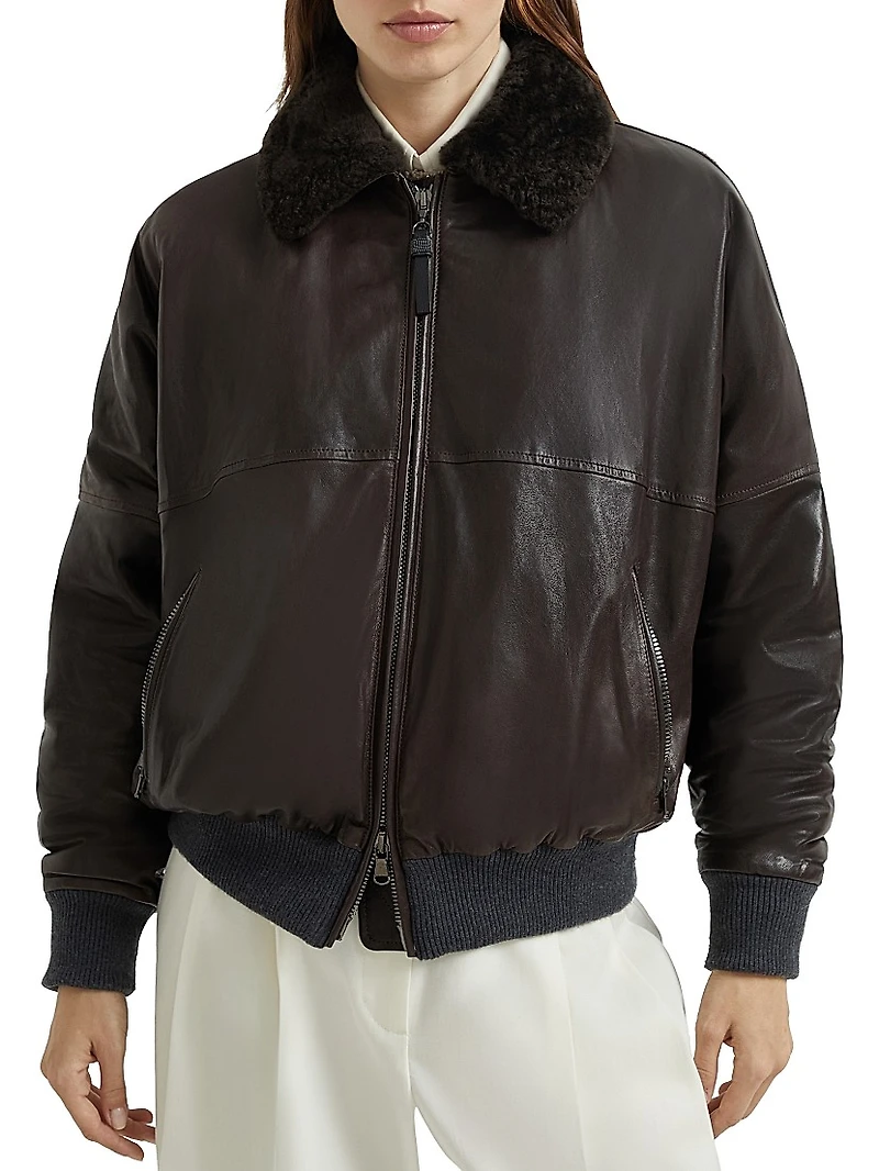 Nappa Leather Aviator Bomber with Detachable Shearling Collar Monili