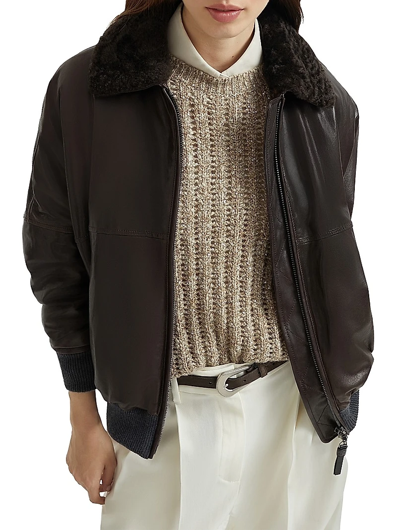 Nappa Leather Aviator Bomber with Detachable Shearling Collar Monili