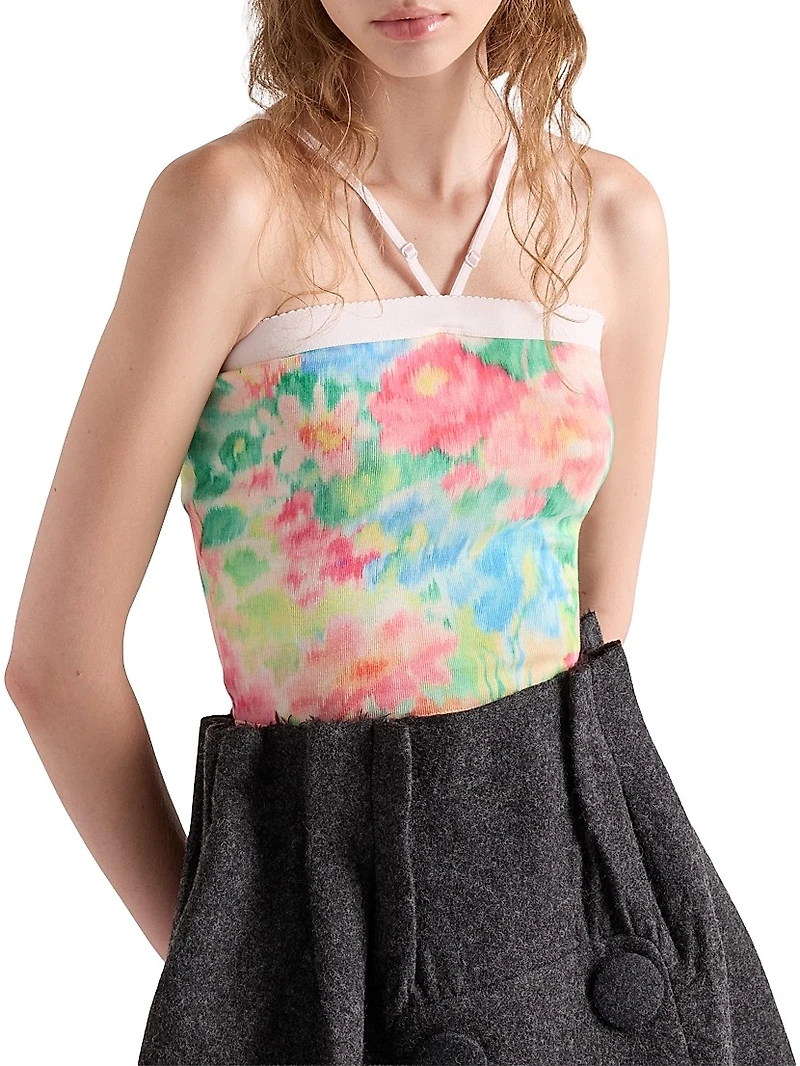Ribbed Knit Cotton Top with Floral Print