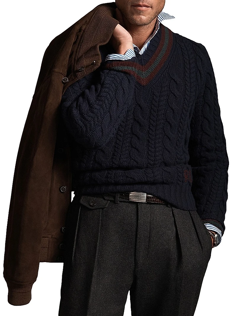 Cable-Knit Wool-Blend V-Neck Sweater