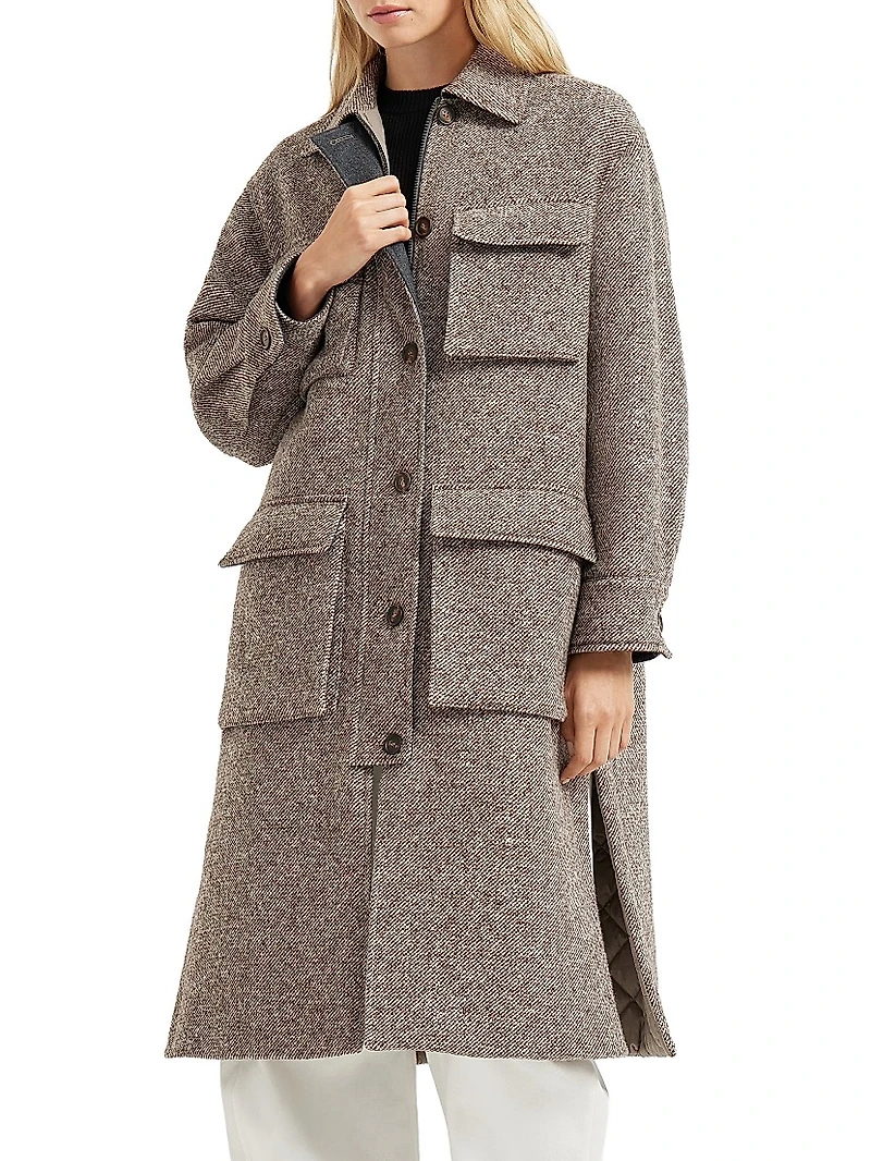 Virgin Wool and Silk Mélange Diagonal Coat with Thermore® Padding Monili