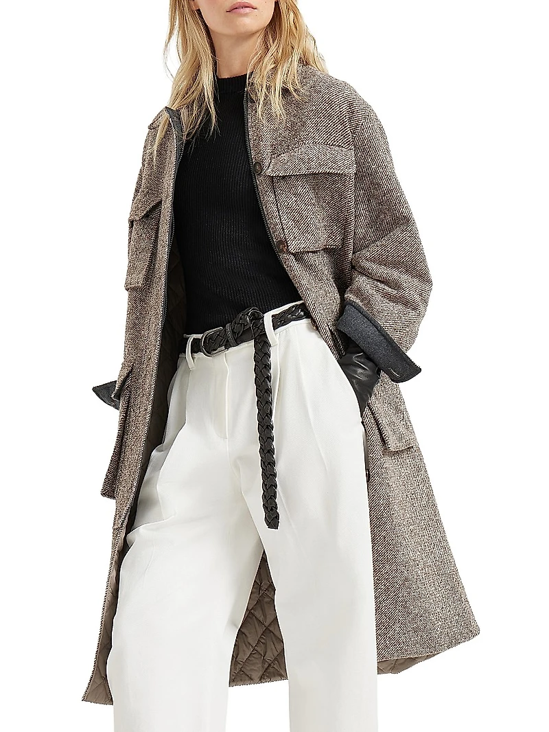 Virgin Wool and Silk Mélange Diagonal Coat with Thermore® Padding Monili