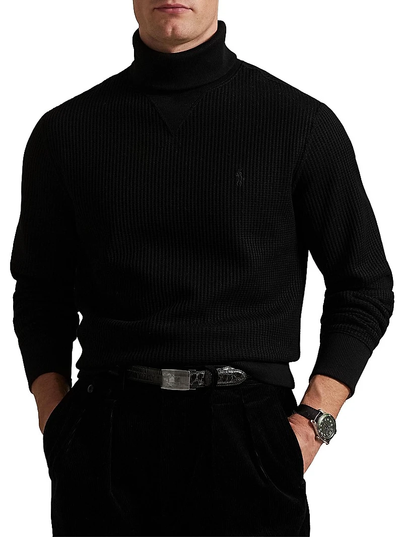 Waffle Knit Stretch Cotton Turtleneck Sweater