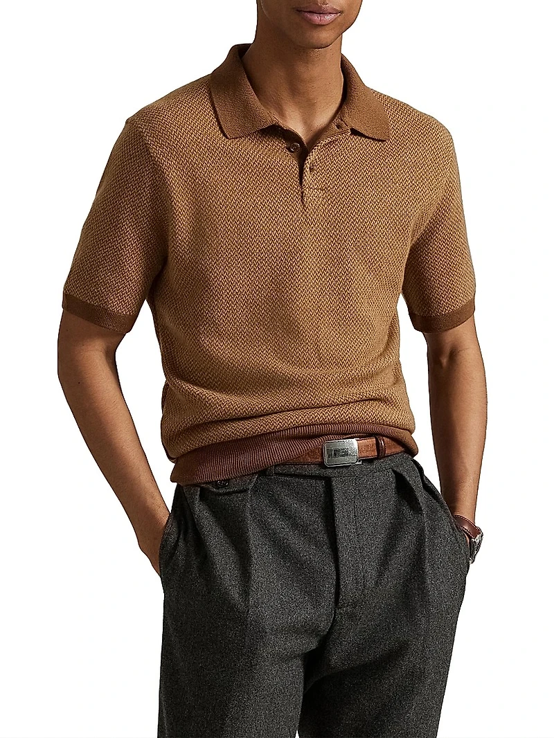 Herringbone Merino Wool Polo Sweater
