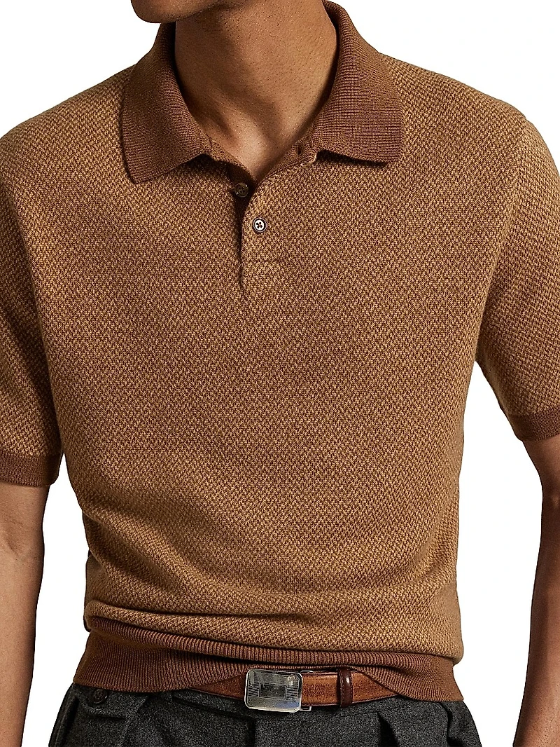 Herringbone Merino Wool Polo Sweater