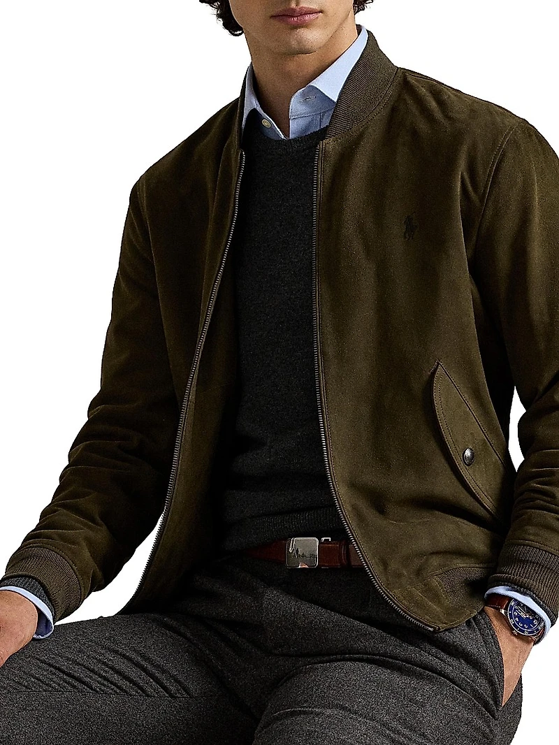 Suede Zip-Front Bomber Jacket