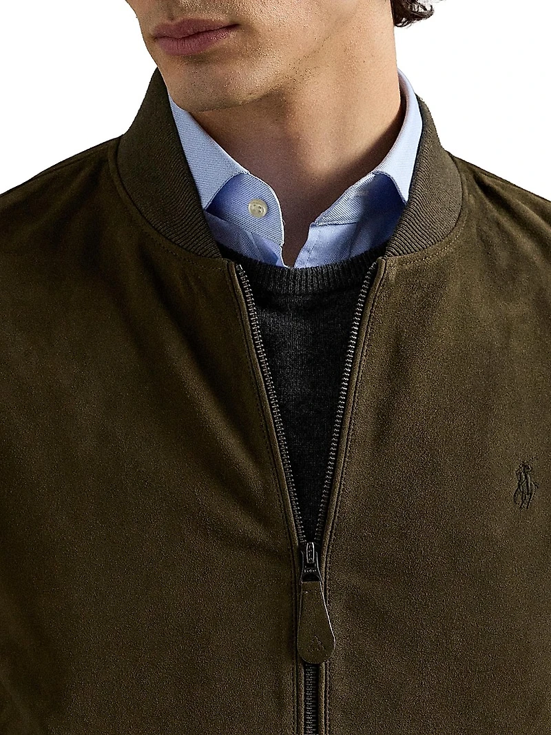 Suede Zip-Front Bomber Jacket