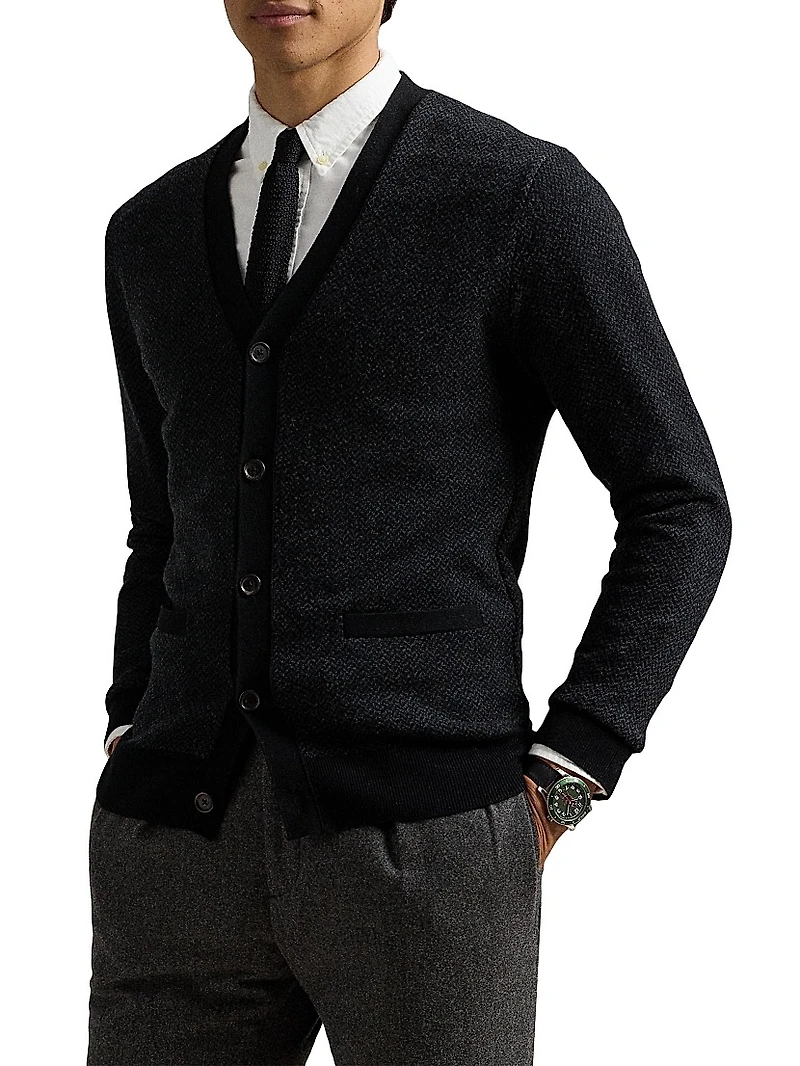 Herringbone Merino Wool V-Neck Cardigan
