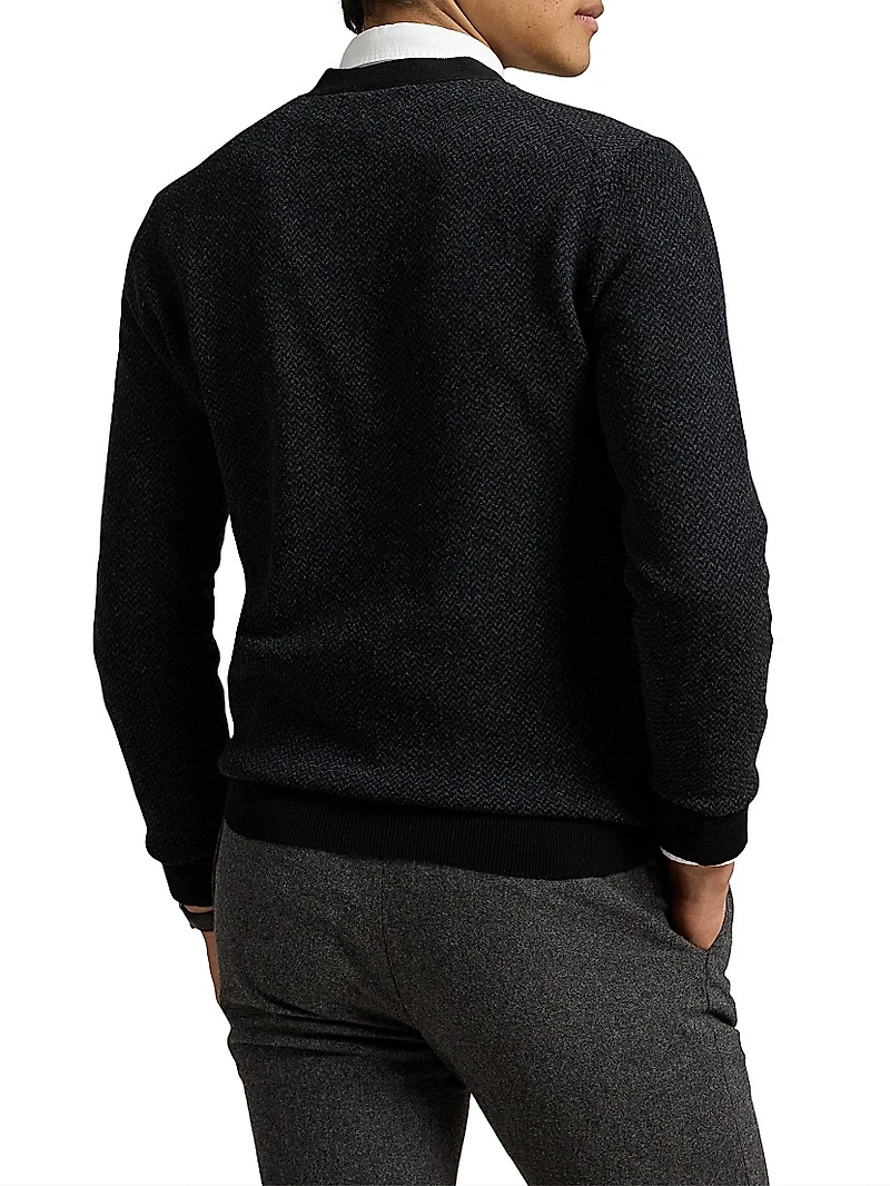 Herringbone Merino Wool V-Neck Cardigan