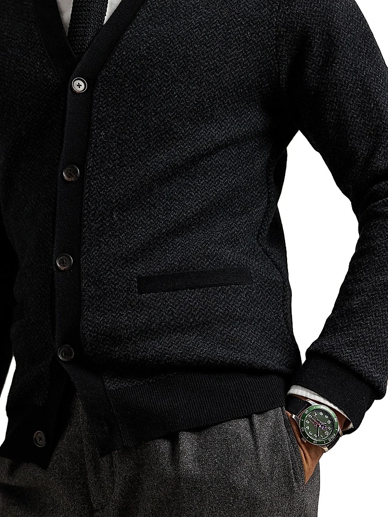 Herringbone Merino Wool V-Neck Cardigan