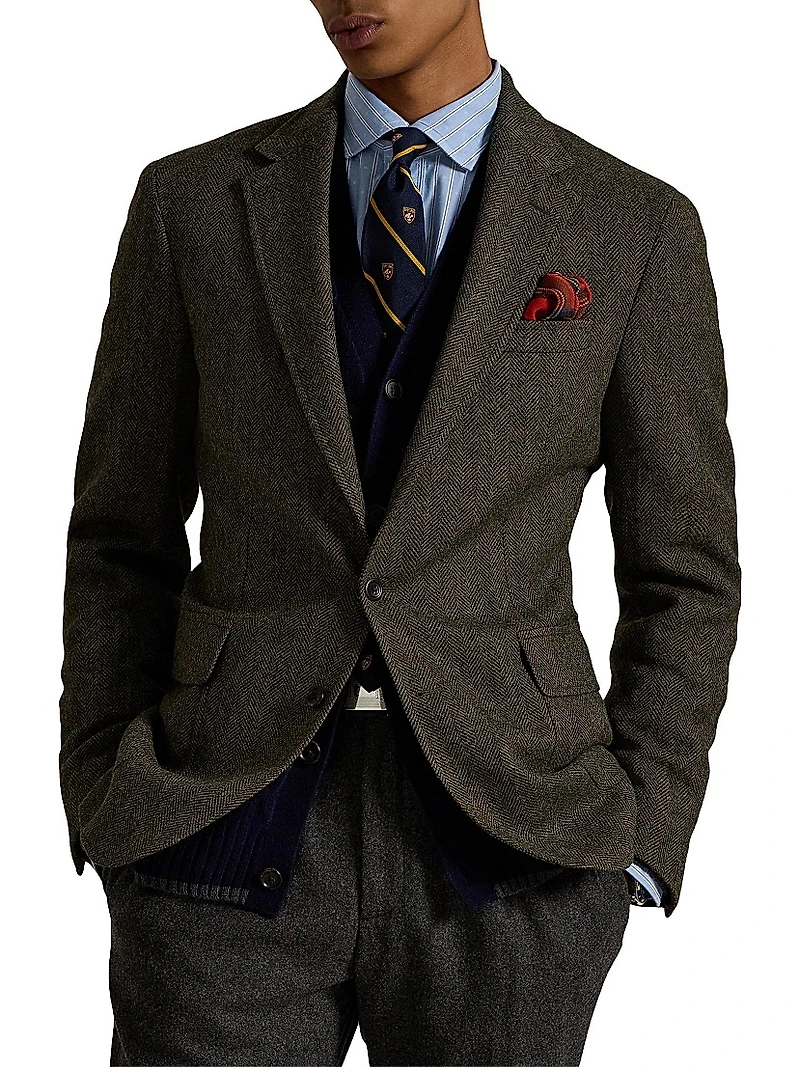 Herringbone Wool-Cotton Single-Breasted Blazer