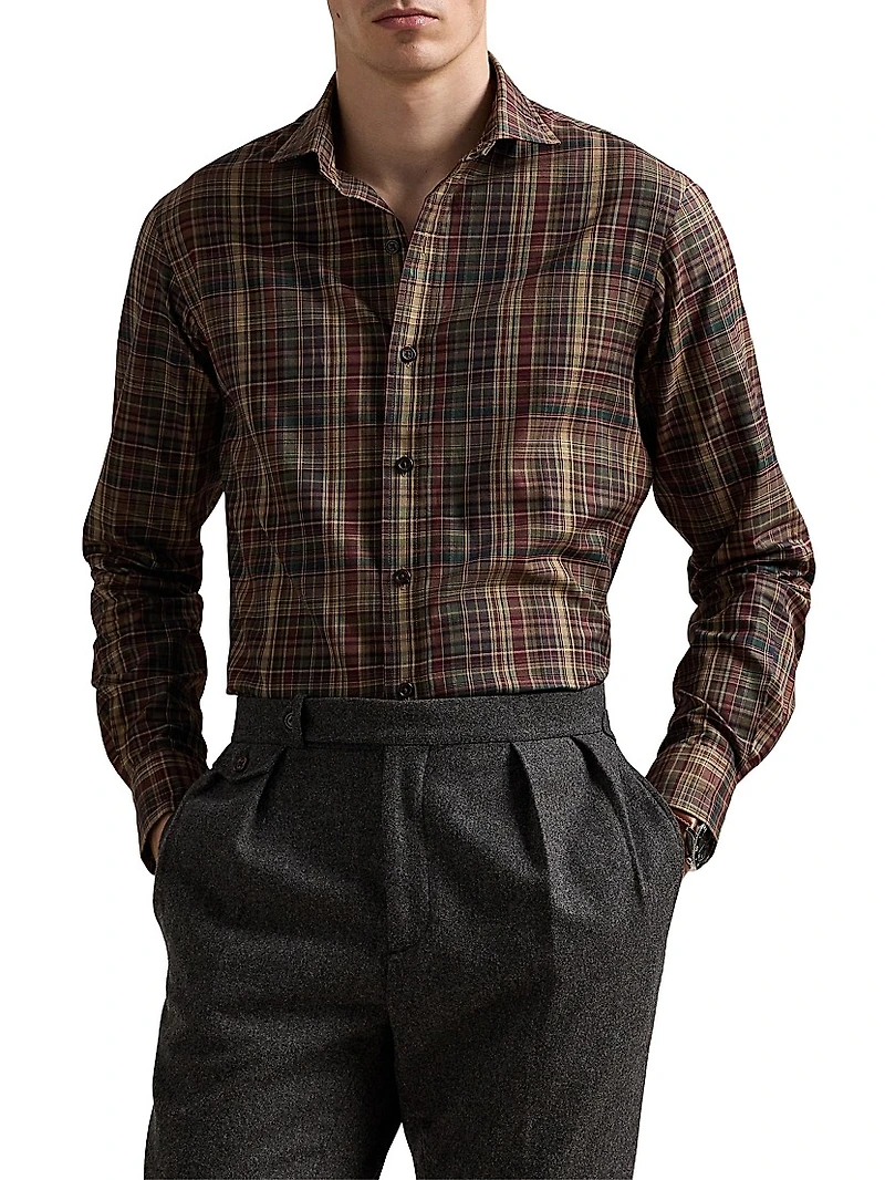 Plaid Cotton Twill Button-Front Shirt
