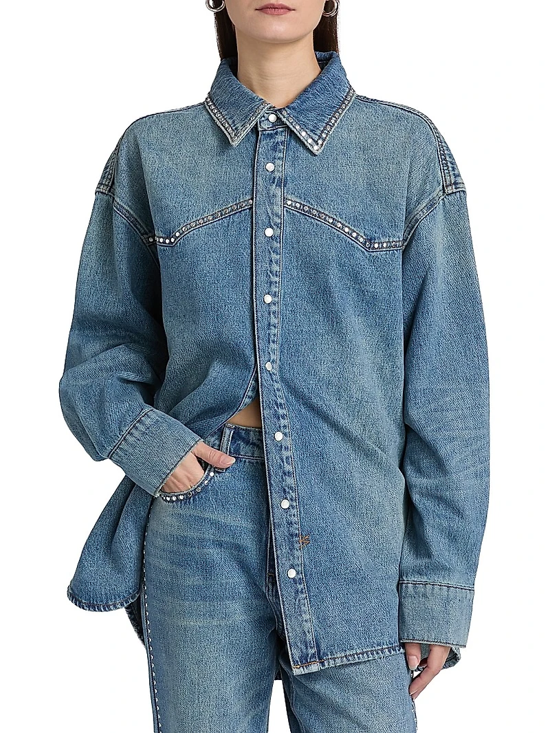 Neo-Nostalgia Texas Blue Studded Denim Oversized Shirt