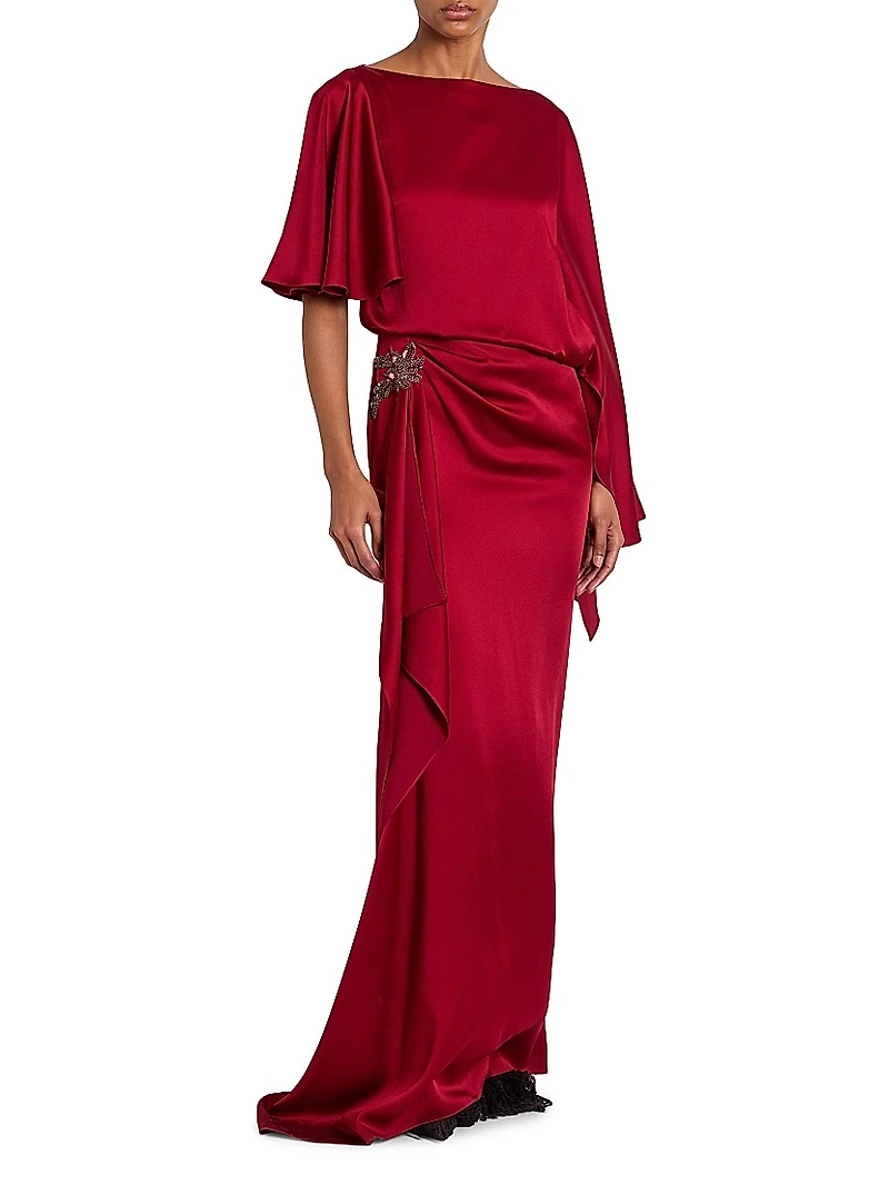 Satin Embellished Draped Gown