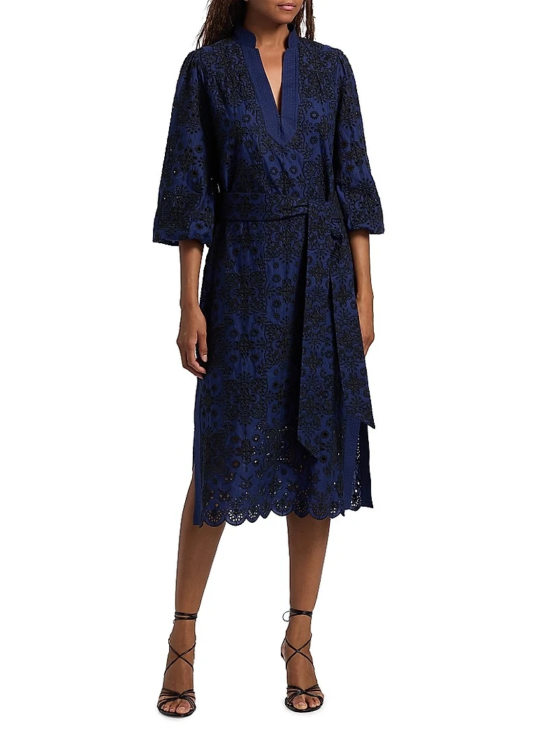 Clove Embroidered Belted Midi-Dress