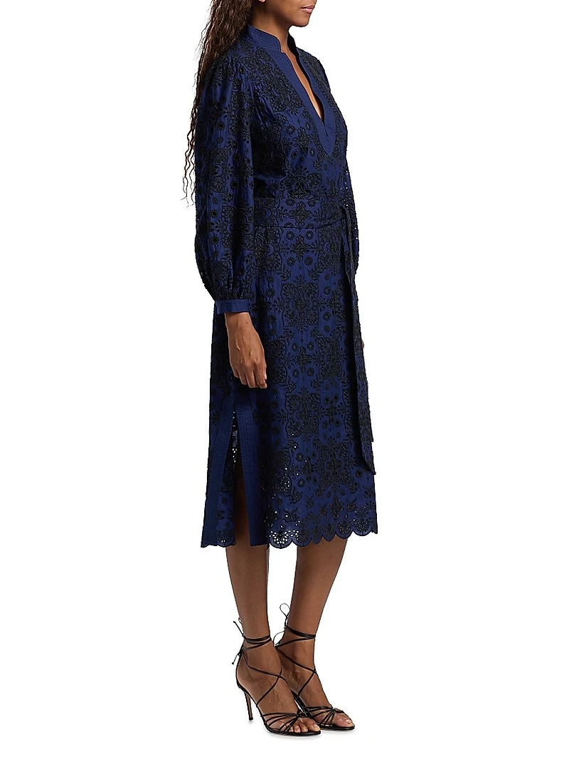 Clove Embroidered Belted Midi-Dress
