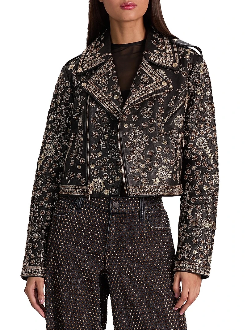 Embellished Leather Crop Jacket