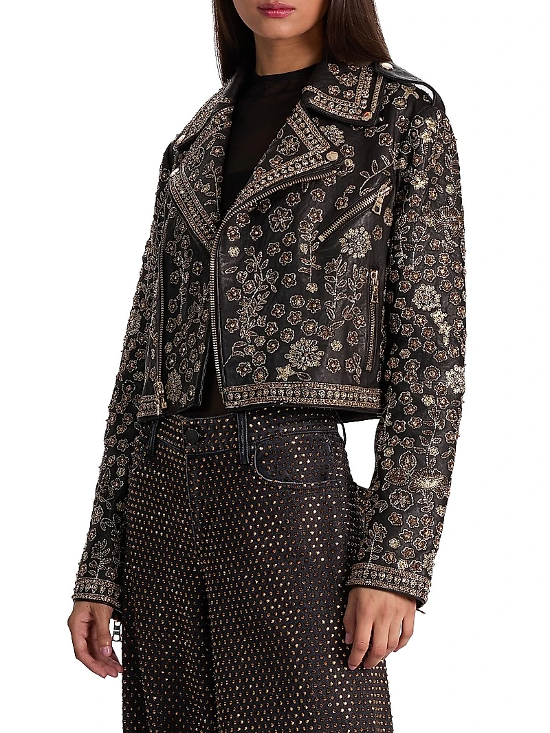 Embellished Leather Crop Jacket