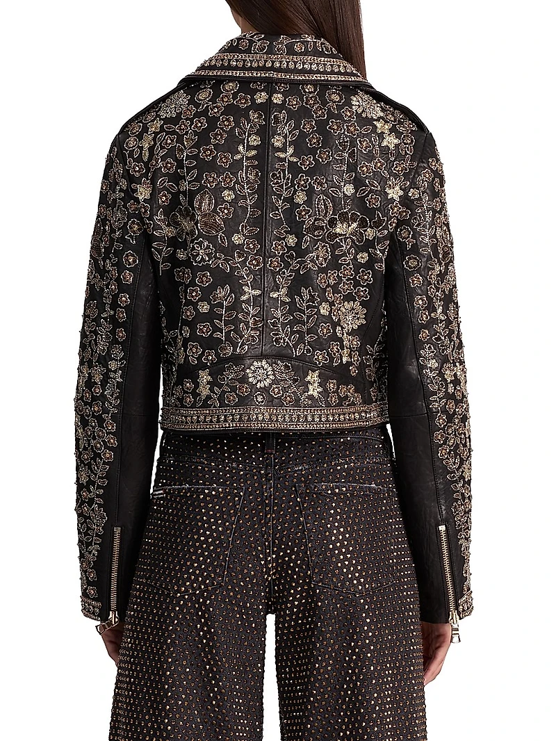 Embellished Leather Crop Jacket