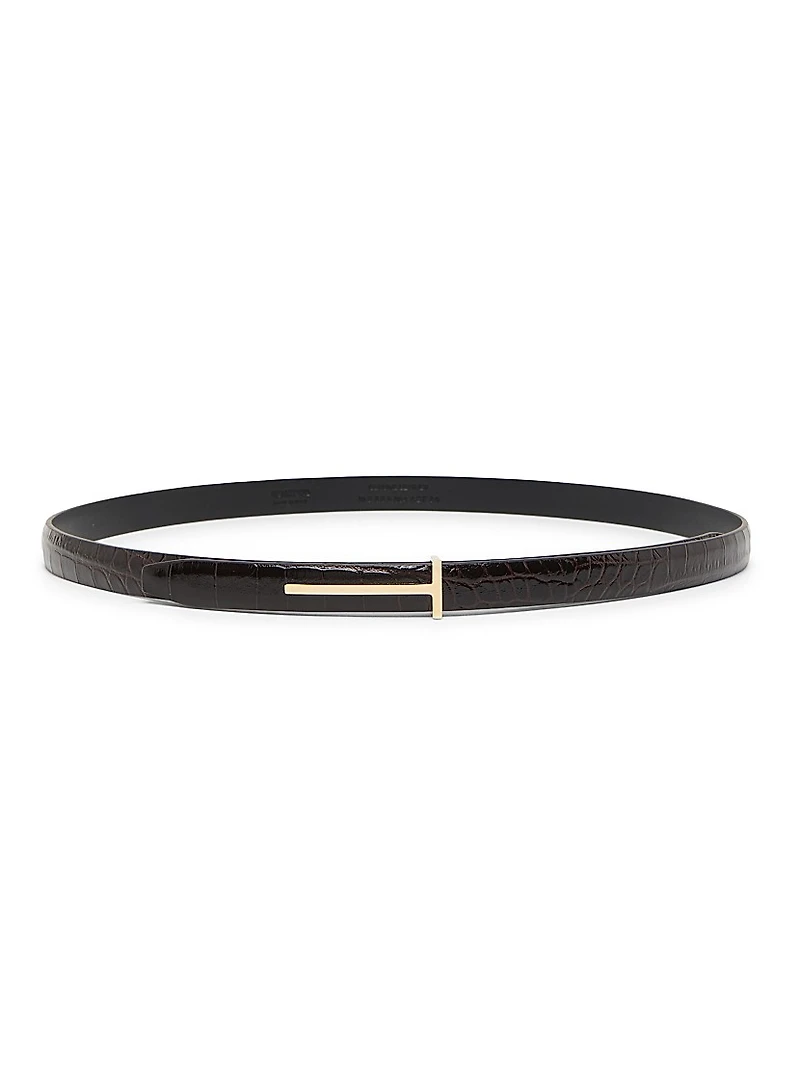 Slim T Crocodile-Embossed Leather Belt