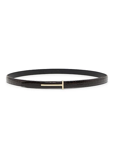 Slim T Crocodile-Embossed Leather Belt