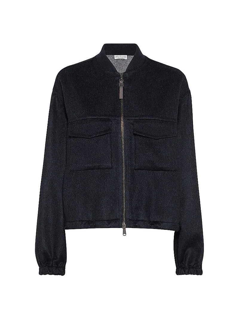 Hand Crafted Virgin Wool Double Cloth Bomber Jacket with Shiny Zipper Pull