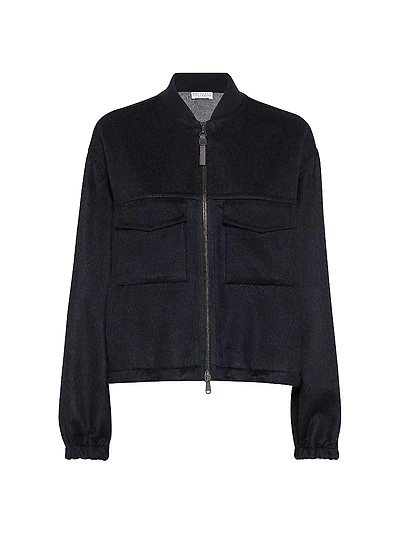 Hand Crafted Virgin Wool Double Cloth Bomber Jacket with Shiny Zipper Pull