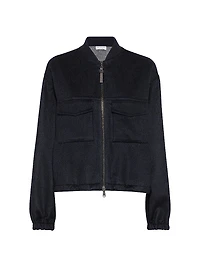 Hand Crafted Virgin Wool Double Cloth Bomber Jacket with Shiny Zipper Pull