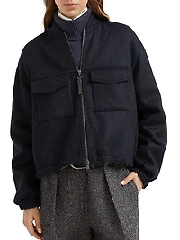 Hand Crafted Virgin Wool Double Cloth Bomber Jacket with Shiny Zipper Pull