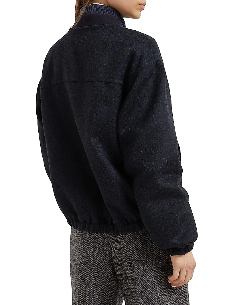 Hand Crafted Virgin Wool Double Cloth Bomber Jacket with Shiny Zipper Pull
