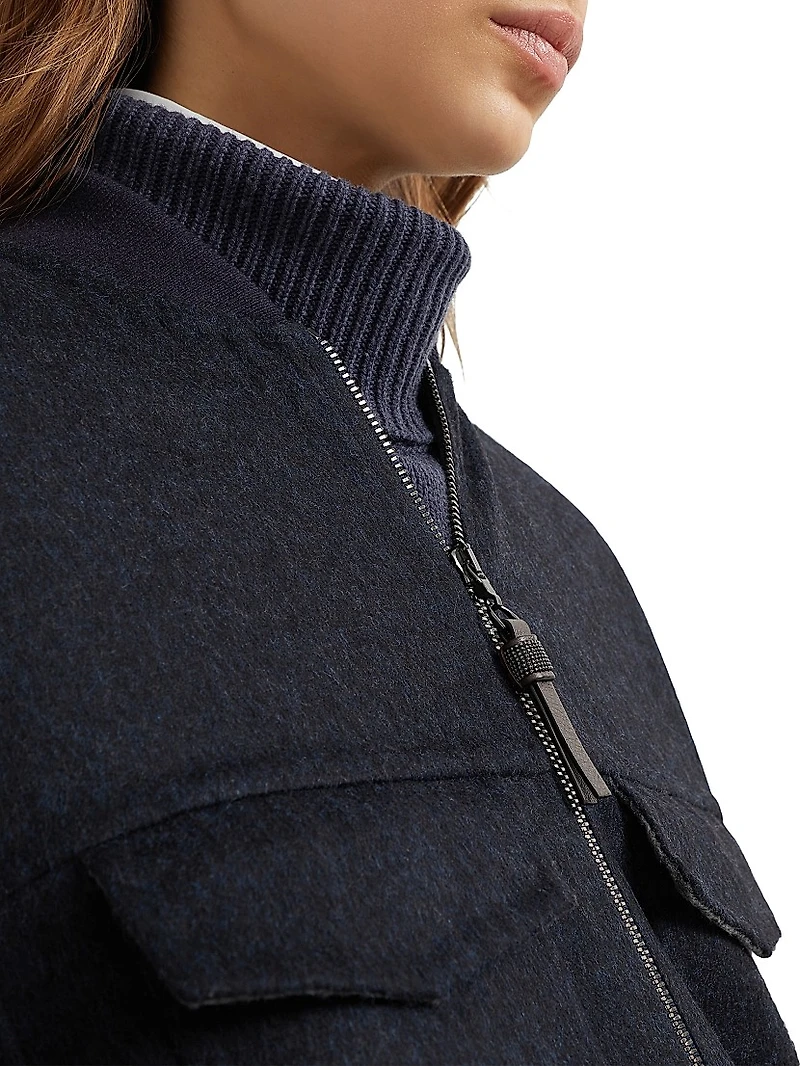 Hand Crafted Virgin Wool Double Cloth Bomber Jacket with Shiny Zipper Pull