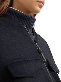 Hand Crafted Virgin Wool Double Cloth Bomber Jacket with Shiny Zipper Pull